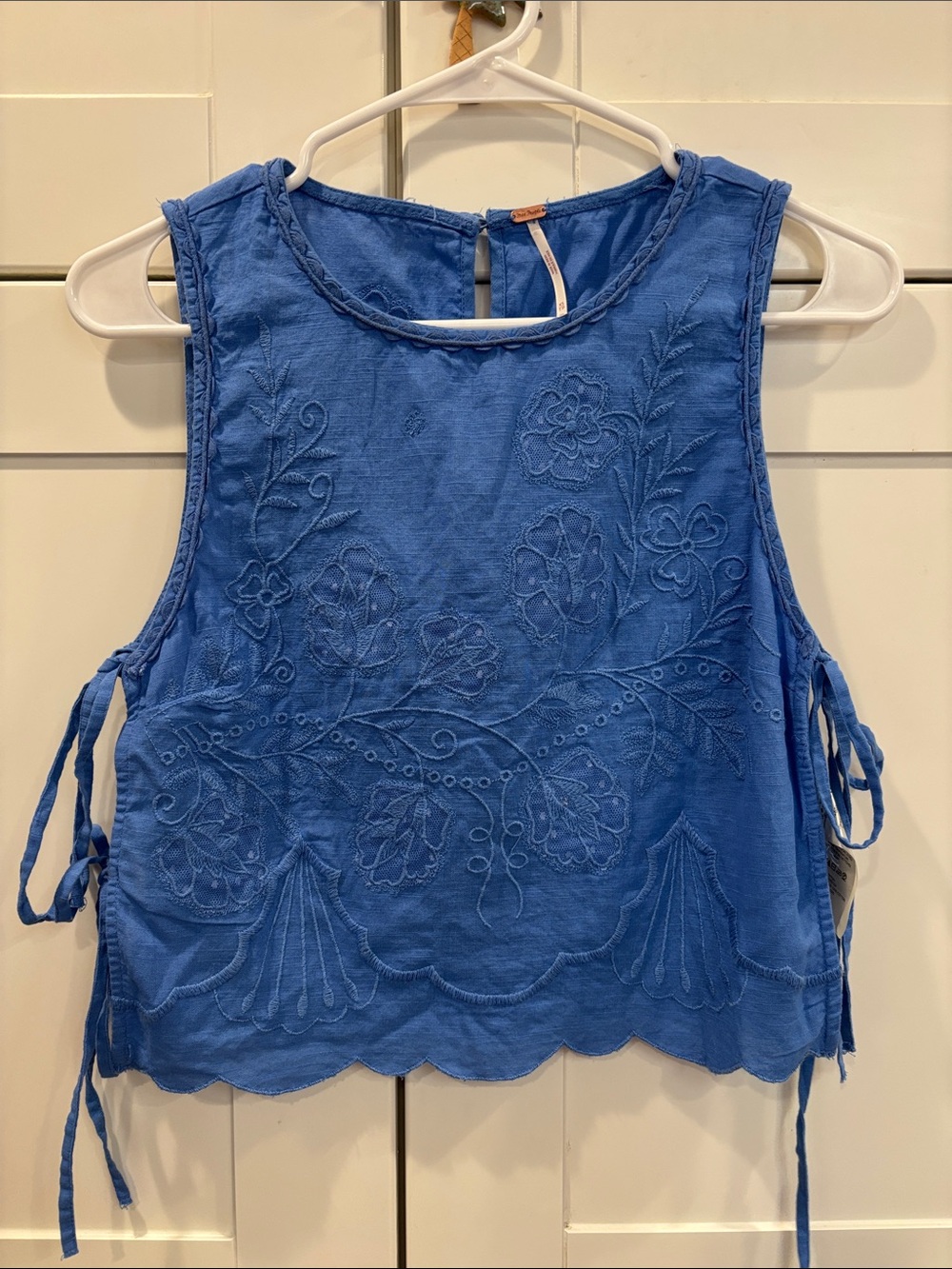 Free People Blue Embroidered Sleeveless Tank with Side Ties